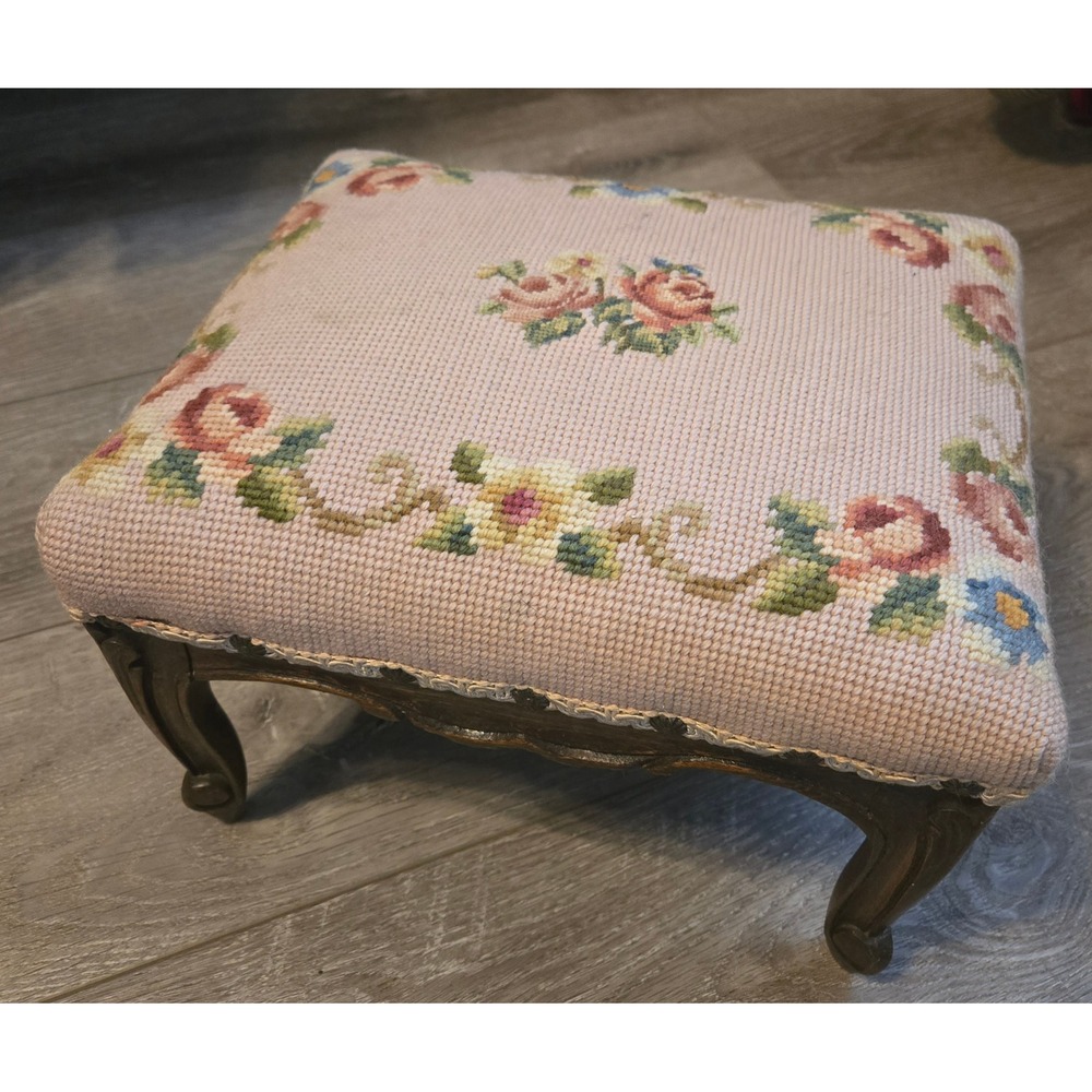Vintage Needlepoint Floral Footstool Wood Cabriole Leg Small Ottoman Pink Rose